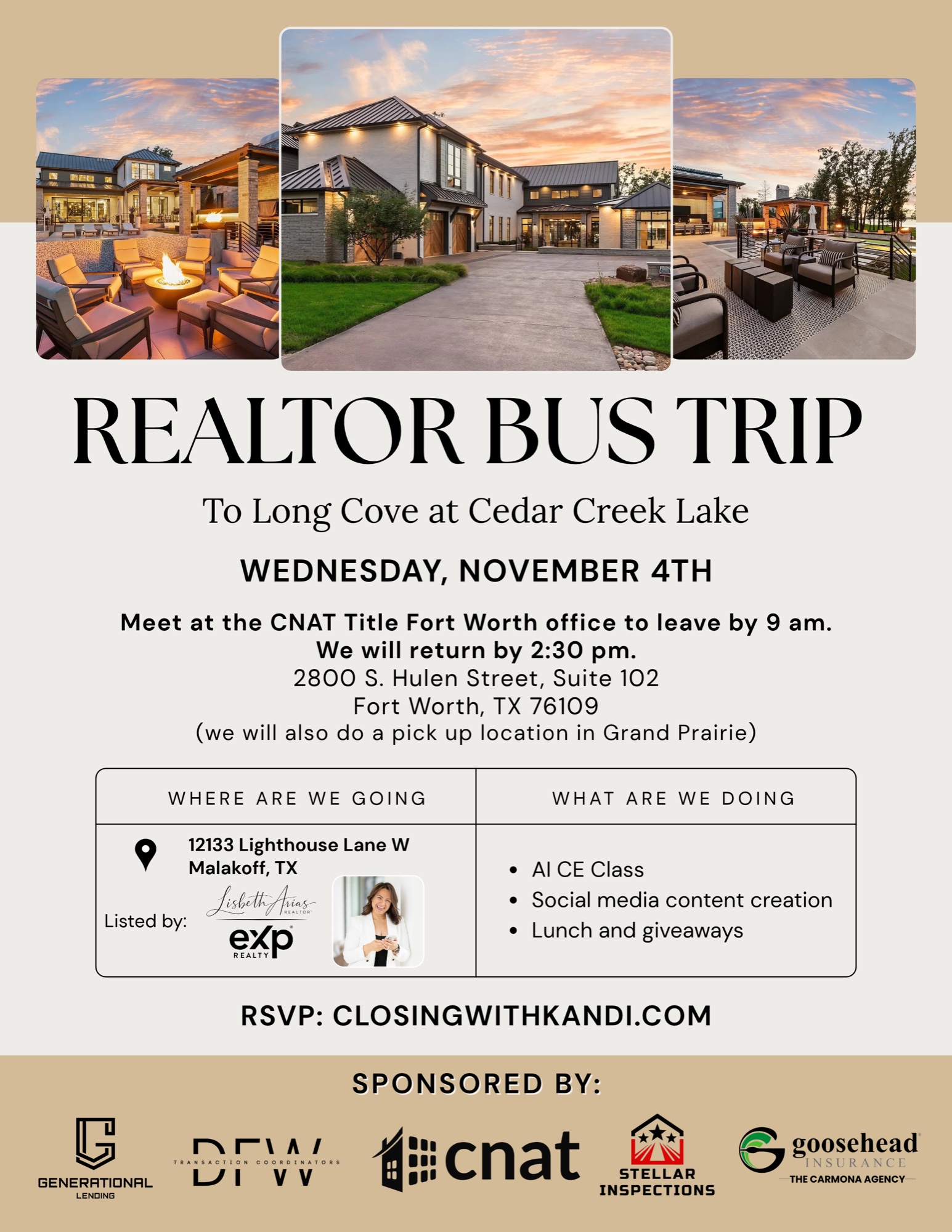 Realtor Bus Trip to Long Cove at Cedar Creek Lake on November 4, 2026, with AI CE class, Fort Worth and Grand Prairie pickups, content creation and lunch.