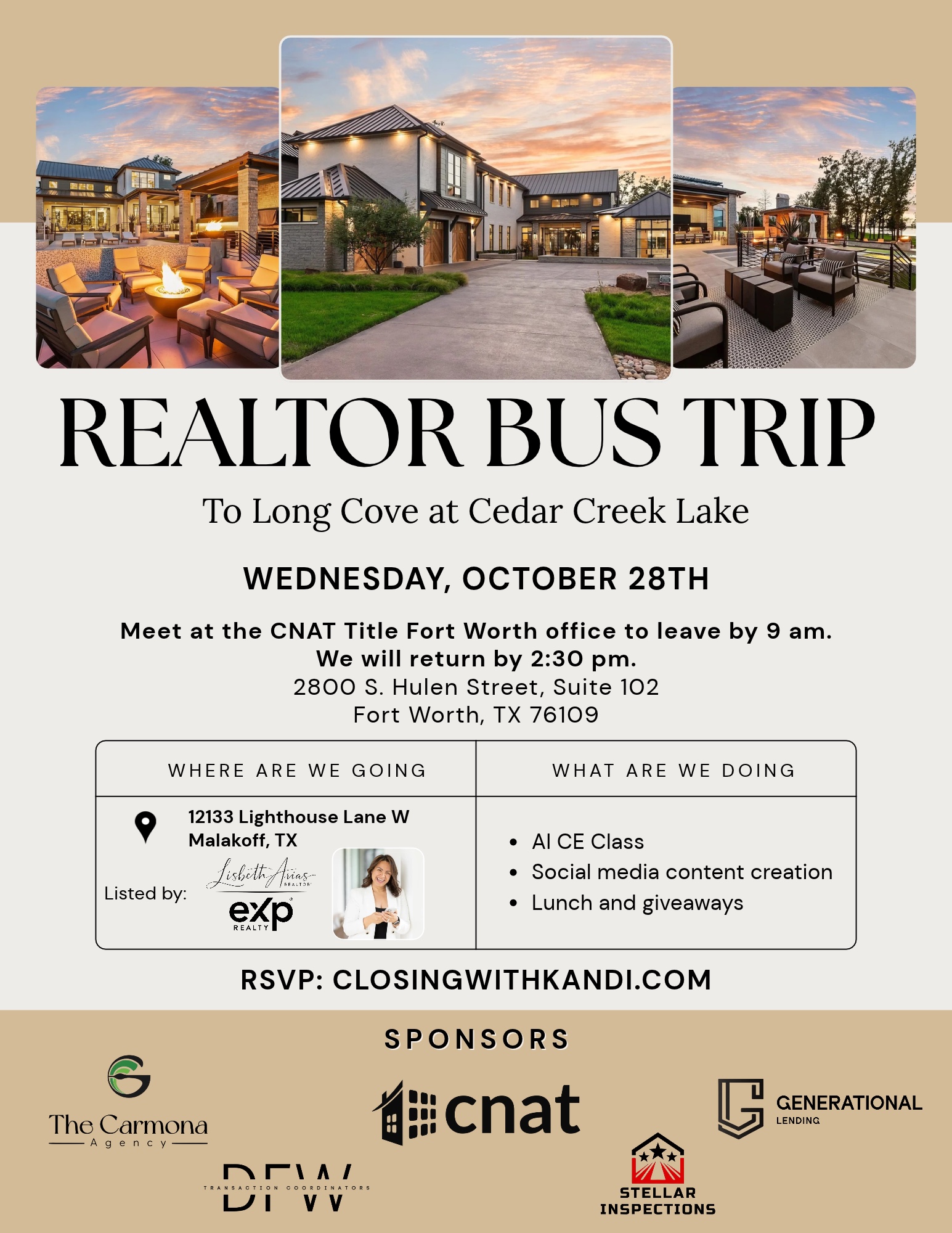 Realtor Bus Trip to Long Cove at Cedar Creek Lake on October 28, 2026, with AI CE class, content creation and lunch.
